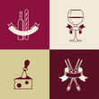 © katedemian - Wine bottle, wineglass, French baguette, cheese, fork. Isolated on a white background. Set of vector icons