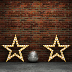 Wall Mural - Brick wall and concrete floor with retro stars and discoball