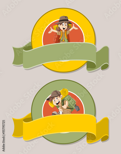Vector banners and labels backgrounds with cartoon kids in explorer outfit. D...