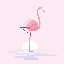Modern Trendy Vector Illustration Of A Stylized Pink Flamingo Bird Standing In A Lake Waters On A Sunrise