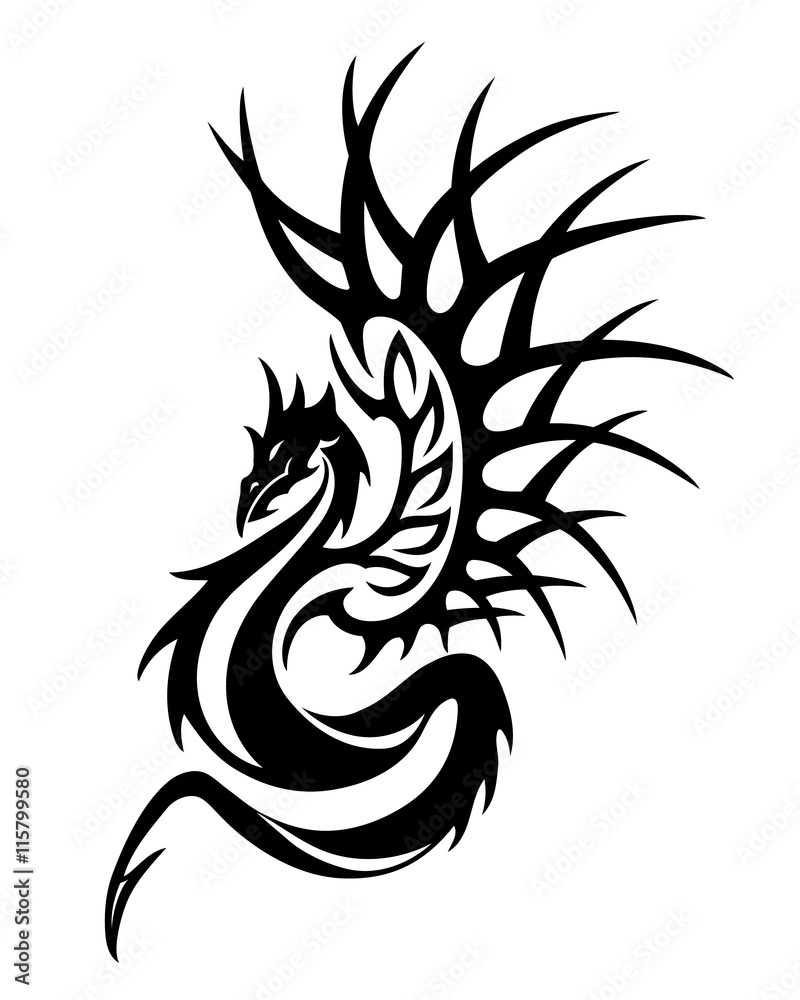 vector illustration, tribal dragon tattoo design, black and white ...