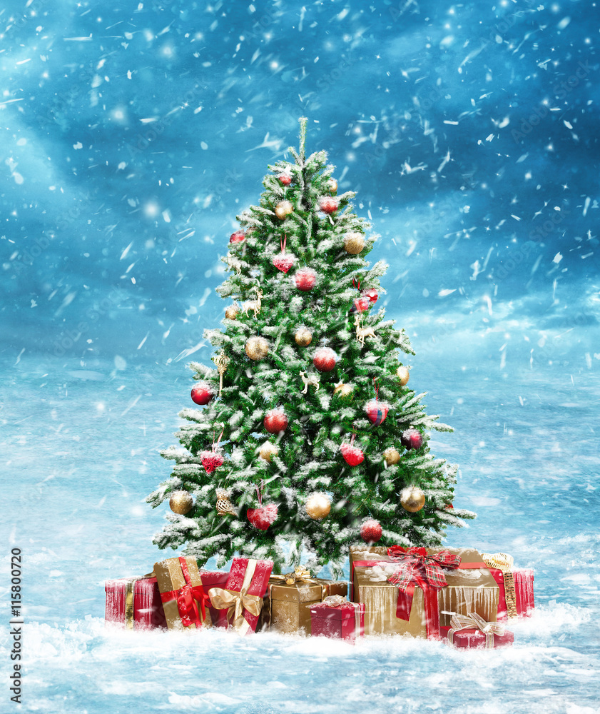 Schöner Weihnachtsbaum in verschneiter Landschaft Stock Photo