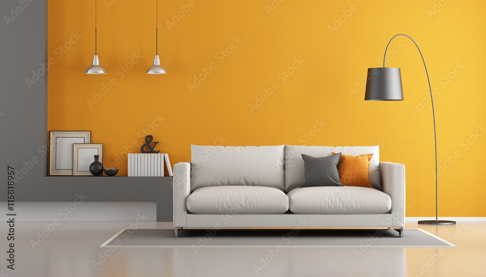 Gray and orange modern lounge - obrazy, fototapety, plakaty 