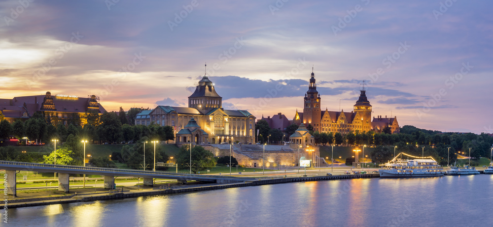 Obraz na płótnie Night panorama of Old Town in Szczecin (Stettin) City
 w salonie
