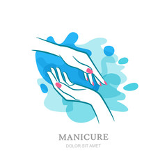 Female two hands in clean water splash. Vector logo, label, emblem design elements and backgrouns. Concept for beauty salon, manicure, womens hand  cosmetic, organic care and spa. 