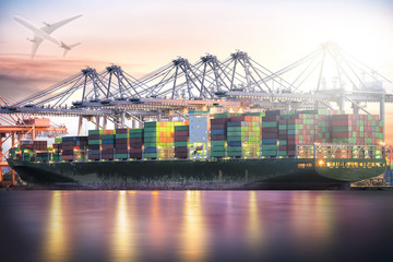 Logistics and transportation Container Cargo ship and Cargo plane with working crane bridge in shipyard background, logistic import export background and transport industry.