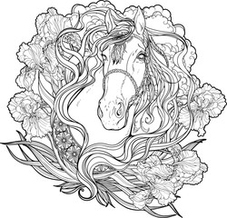 Wall Mural - horse with clouds, flowers and leaves. Coloring page.