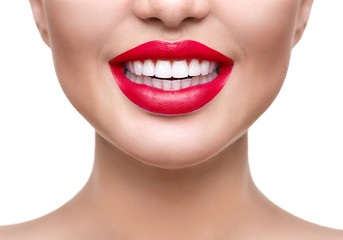 Poster - Teeth whitening. Healthy white smile closeup. Beautiful girl with red lips isolated on white