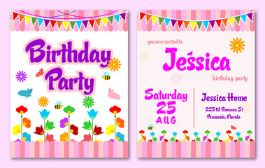 pink theme flower garden birthday kids invitation card