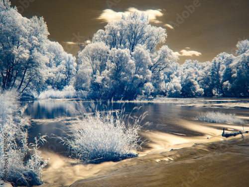 Cuadros en Lienzo Infrared view at Danube floodplains in Slovakia under summer sky with clouds