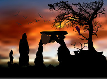 Scary Halloween Landscape With Silhouettes Of Tree, Birds And Stone Gate. Dramatic Red Sunset With Mysterious Person In A Hood 