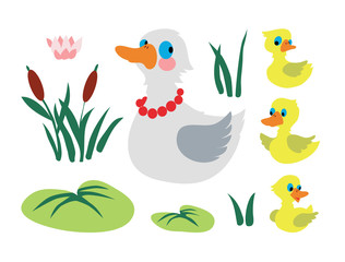 Wall Mural - Set of mother duck with three baby ducks