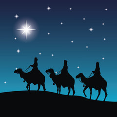 Canvas Print - Merry Christmas and holy family concept represented by three wise men on camels icon. Silhouette and flat illustration.