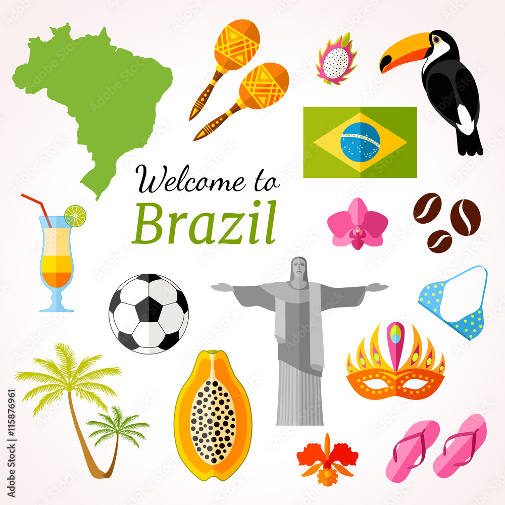 Brazil travel banner with icons, souvenirs, design elements and famous  Brazilian symbols. Vector illustration in flat style with inscription:  Welcome to Brazil. Stock Vector | Adobe Stock, image size:1000x1000