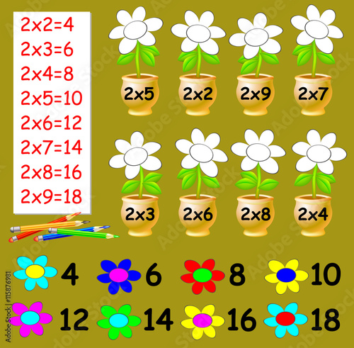 Obraz w ramie Exercise for children with multiplication by two - need to paint the flowers in relevant color. Developing skills for counting. Vector image.