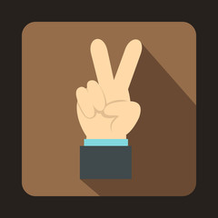 Canvas Print - Hand with victory sign icon in flat style on a coffee background
