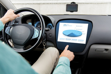 Wall Mural - close up of man driving car with chart on screen