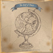 Antique globe hand drawn sketch placed on old paper background.
