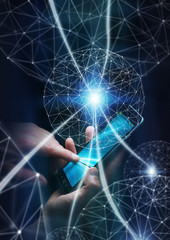 Fototapete - Businesswoman using data network with his mobile phone