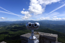 Sightseeing Binoculars Overlooking The Clouds And Mountains Of Sochi, Photographed From The Tower Of Akhun