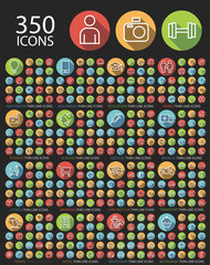 Poster - Set of 350 Universal Flat Minimalistic Elegant Standard Thin Line Icons on Circular Colored Buttons on Black Background.
