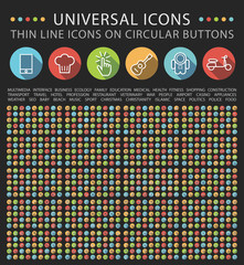 Poster - Set of Elegant Universal White Minimalist Thin Line Icons on Circular Colored Buttons on Black Background.