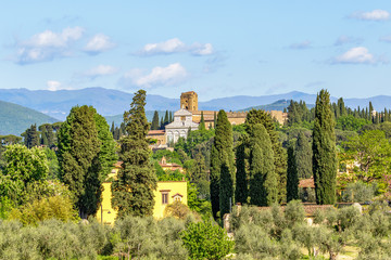 Canvas Print - Basilica of San Miniato al Monte in Italian rural landscape