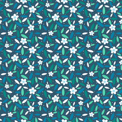 Wall Mural - White flowers and turquoise leaves seamless pattern