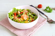 Fresh healthy thai spicy salmon salad mixed vegetable and herb