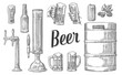 Beer set with two hands holding glasses mug and tap, can, keg, bottle.