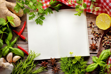 Wall Mural - herbs and spice on wooden table