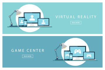 Poster - Set of flat design illustration concepts Virtual reality and Game center. Banners for web design, marketing and promotion. Presentation templates. Vector illustration.