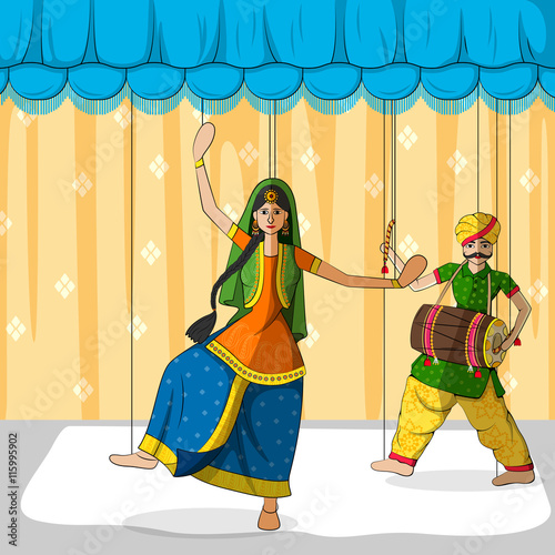 Foto Rajasthani Puppet doing Bhangra folk dance of Punjab, India