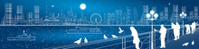 City Life Amazing Panorama. Urban Skyline. People Watching From The Bridge To The River And Night Megalopolis, Ships On The Water. Infrastructure And Transportation Illustration, Vector Design Art