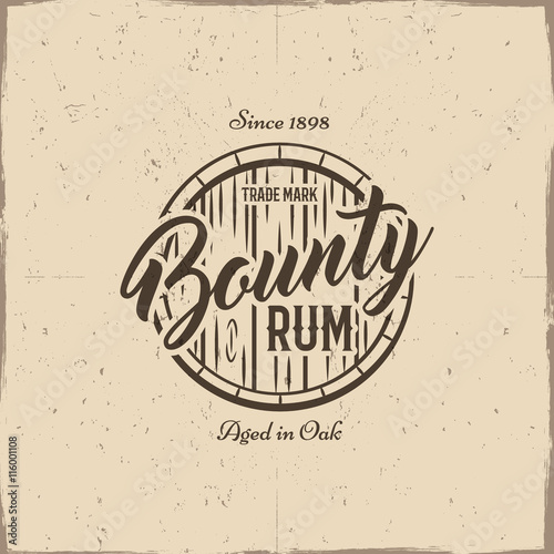 Fotografie, Obraz Vintage handcrafted label, emblem with old barrel and vector sign - bounty rum