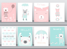 Set Of Cute Animals Poster,template,cards,bear,Vector Illustrations 