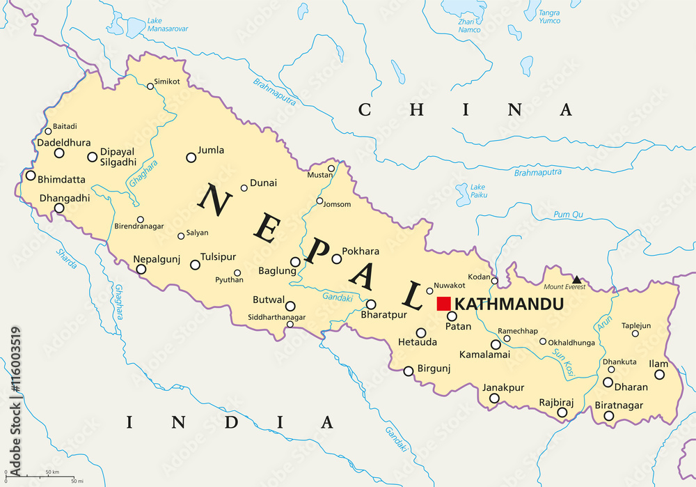 Nepal political map with capital Kathmandu, national borders, cities and rivers. Federal democratic republic and landlocked country in South Asia, bordered to China and India. English labeling. - obrazy, fototapety, plakaty 