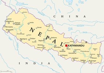 Nepal political map with capital Kathmandu, national borders, cities and rivers. Federal democratic republic and landlocked country in South Asia, bordered to China and India. English labeling.