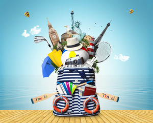 Wall Mural - striped sea bag with oars and plane tickets