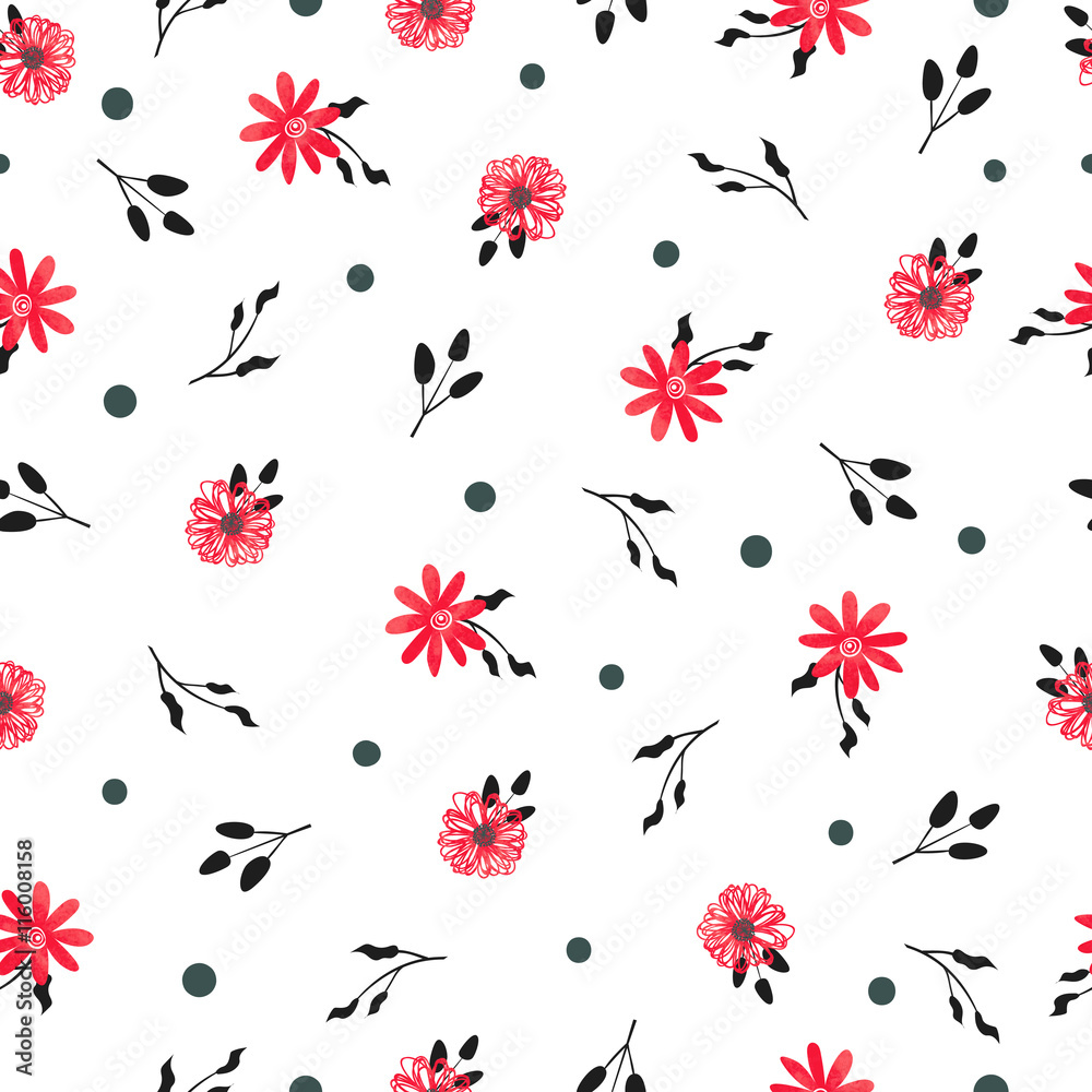 Floral seamless pattern. Vector background with simple watercolor red  flowers and black leaves on white. Stock Vector | Adobe Stock, image size:1000x1000