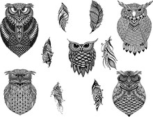 Hand Drawn Zentangle Owl, Bird Totem For Adult Coloring Page In  Style,  Tattoo, Illustration With High Details Isolated On White Background. Vector Monochrome Sketch.