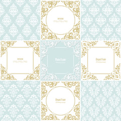 Wall Mural - Elegant frames and damask seamless pattern set. Templates for wedding design.