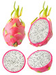 Collection of isolated dragon fruits, whole and sliced, on white background with clipping path