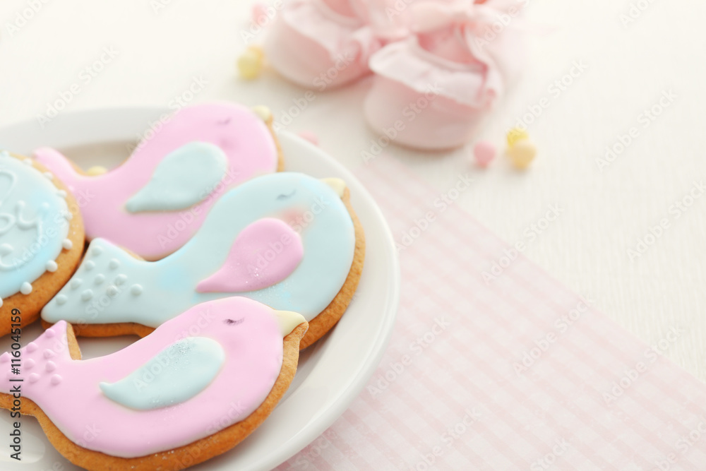 Delicious baby shower cookies, closeup
