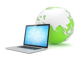 Laptop network and earth globe. 3d render