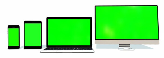 Wall Mural - realistic Monitor laptop tablet and phone set with green screen