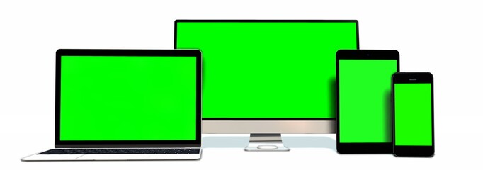 Wall Mural - realistic Monitor laptop tablet and phone set with green screen