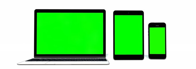 Wall Mural - realistic Monitor laptop tablet and phone set with green screen