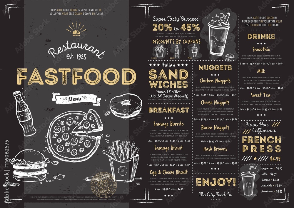 Restaurant fast food cafe menu template flyer vintage design vector illustration - obrazy, fototapety, plakaty 
