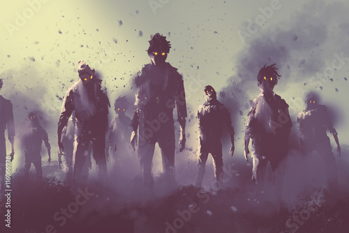 Fotomural zombie crowd walking at night,halloween concept,illustration painting